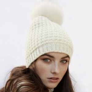 Women's Kyi Kyi Canada Faux Fur Pom Pom Waffle Knit Wool Blend Beanie in Ivory